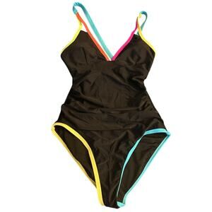 Popvil Plunge Shell Trim Color Block One Piece Swimsuit Size Small